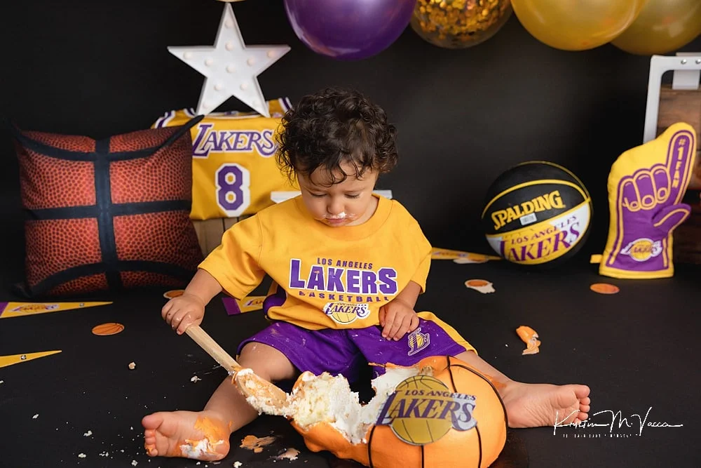 LA Lakers Custom Set Design First Birthday Cake Smash Portrait