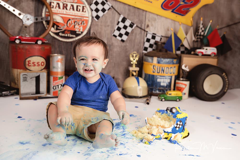 Automotive garage cake smash by The Flash Lady Photography