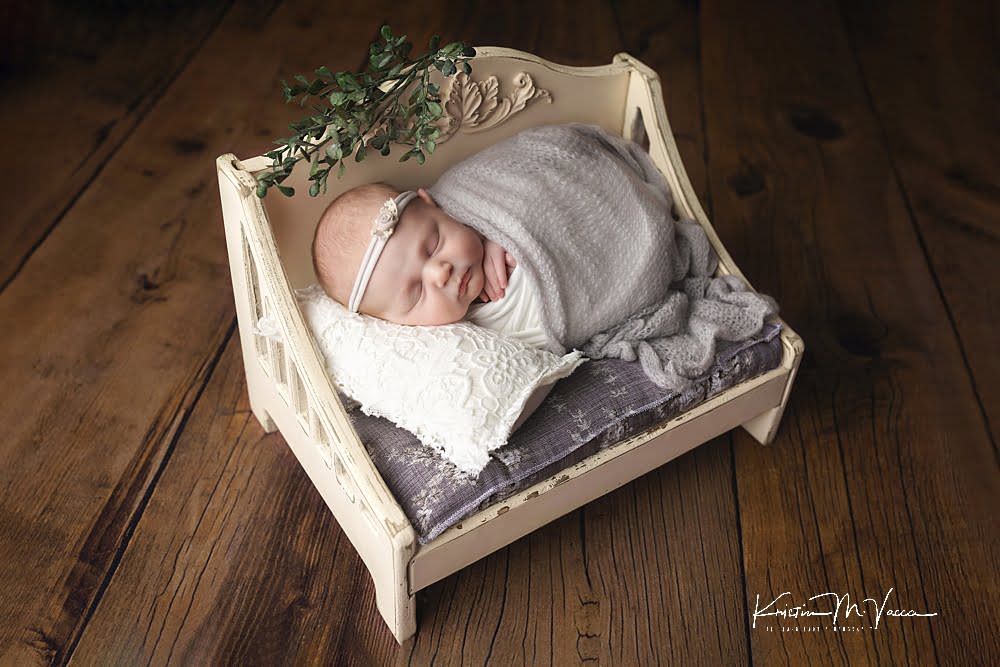 Mauve white newborn photos by The Flash Lady Photography