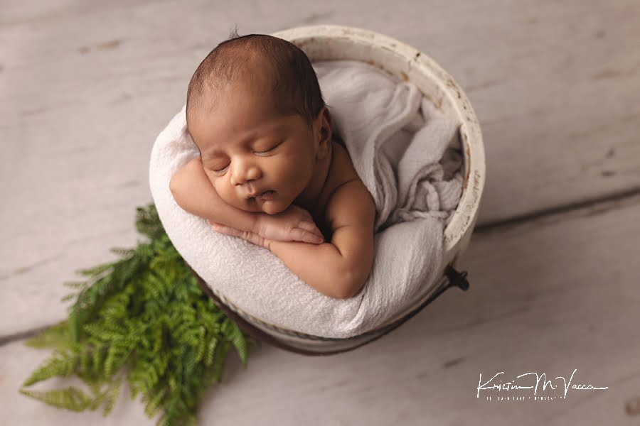 Indian baby boy sleeping in a white bucket with a green fern during his newborn photos with older brother