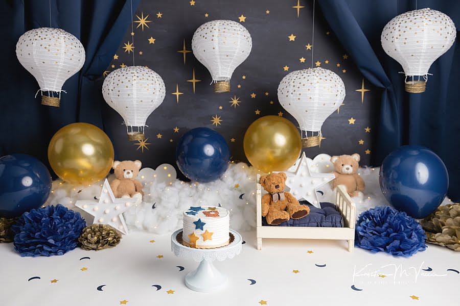 Blue & Gold teddy cake smash themed set by The Flash Lady Photography